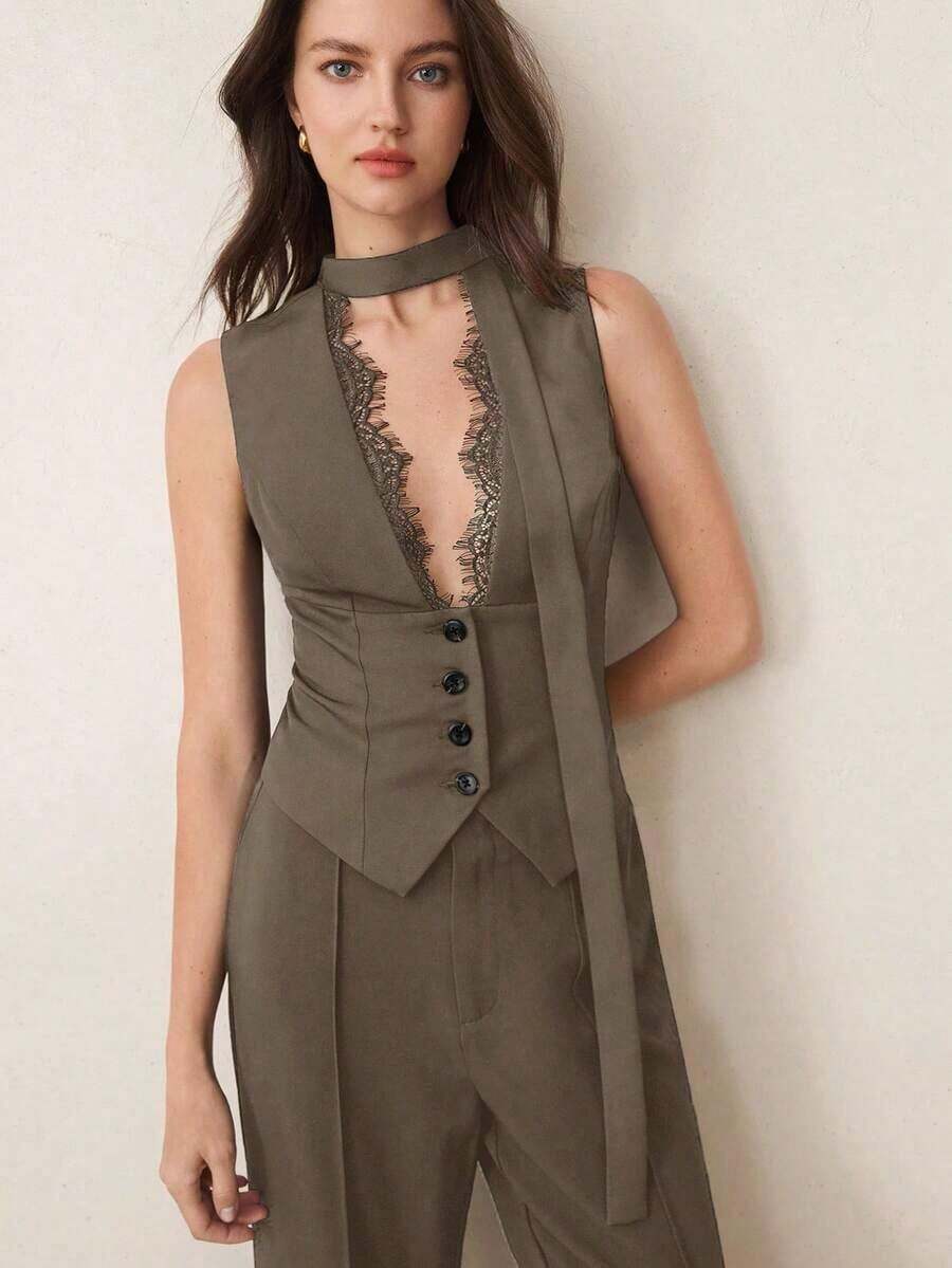 AYYBizChic Chaleco con cuello en V, recorte de encaje, parche delantero con botones y cintura con lazo, elegante para oficina y uso diario para mujeresAYY - Verde militar - Ver 1
