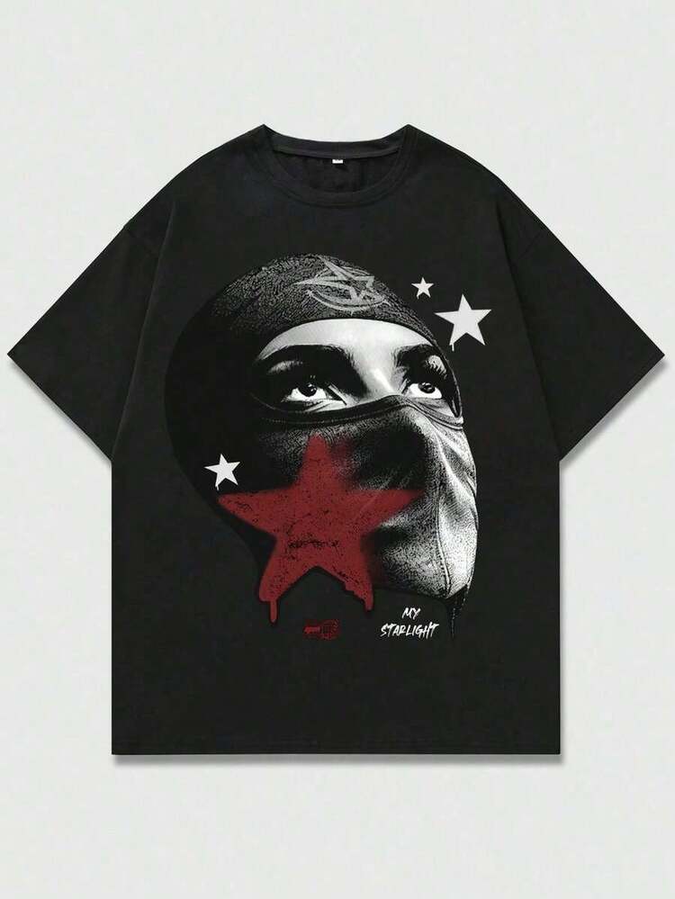 Street Life Men's Short Sleeve T-Shirt With Portrait Pattern, Suitable For Everyday Use In Spring And Summer, School - 黑8 - 查看 1