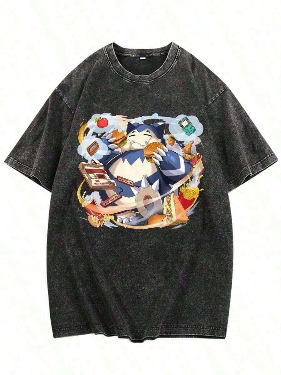 Unisex Cotton T-Shirt With Vintage Distressed Rayquaza Print, Oversized Anime Streetwear Style, With Bright Purple Graphic Print And Japanese Text, Sizes S To L, For Men, Women And Teens, Soft Casual Vacation Wear - 黑色 - 查看 1