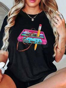 LooseFestival Women's Short Sleeve Crew Neck T-Shirt With Retro 80s Cassette Tape Print, A Stylish And  Combination Of Music And Fashion, Perfect For Spring And Summer. This Solid-Color Crew Neck T-Shirt Is A Versatile And Essential Summer Top. - 黑色 - 查看 1