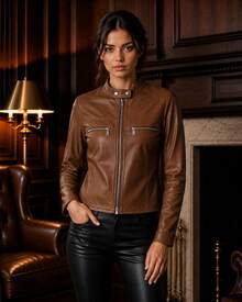 Women's Faux Leather High Neck Premium Winter Jacket, Elegant, Stylish, Cute, Casual, PU Leather, Zipper Jacket, Night, Vacation, Daily - 鏽棕色 - 查看 6