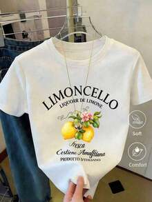 Camiseta informal de manga corta de talla grande con cuello redondo y estampado gráfico de limoncello, perfecta para la moda de verano. - Blanco - Ver 1