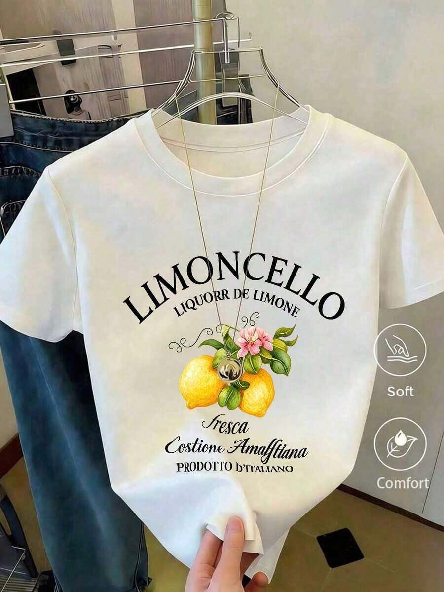 Camiseta informal de manga corta de talla grande con cuello redondo y estampado gráfico de limoncello, perfecta para la moda de verano. - Blanco - Ver 1