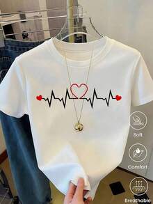 One-Piece Set, Unisex Casual Style. | Women's T-Shirt With Leopard Print And Heartbeat Design, Featuring An Aesthetic ECG Line Design, Versatile And Easy To Match, Suitable For Everyday Wear, Urban Looks, Vacation Outfits, And Casual Weekend Wear. - 白色的.... - 查看 1