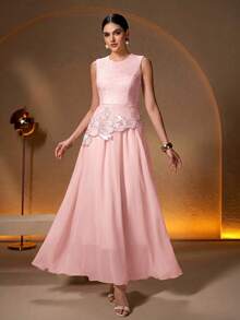 Women's New 2 In 1 Design Small Round Neck Patchwork Jacquard Fabric Elegant Long Sleeve Maxi Dress Pink - Pink - View 3