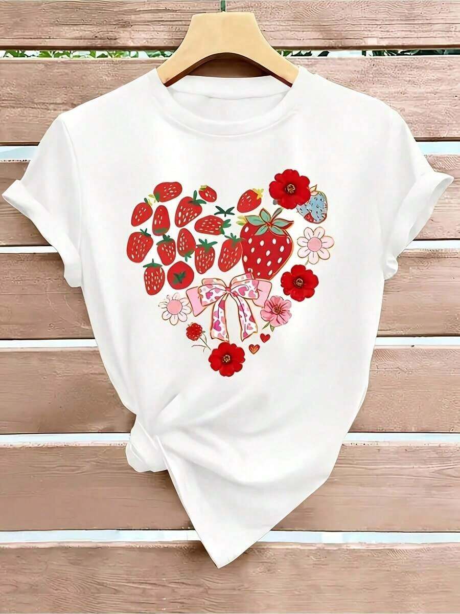 Women's T-Shirt With Strawberry Floral Heart Print, White, Cotton, Short Sleeve, Round Neck, Regular Fit, With Slight Elasticity, Breathable And Comfortable - 白色 - 查看 1