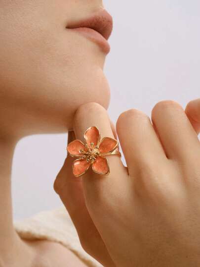 Nocturel 1 anel de esmalte laranja com 5 pétalas, elegante, retrô, versátil, para férias, praia, estilo praia, adequado para férias, viagens, encontros, uso diário