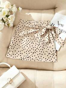 Falda mini acampanada de talle alto con lunares marrones y lazo/Cintura ceñida estilizante/Falda casual/de trabajo - Albaricoque - Ver 4