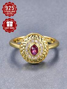 1pc 925 Sterling Silver Ring, Inlaid With Rose Red Synthetic Cubic Zirconia, Size 6-10, Suitable For Daily Wear, Comes With Gift Box - Gold - View 5