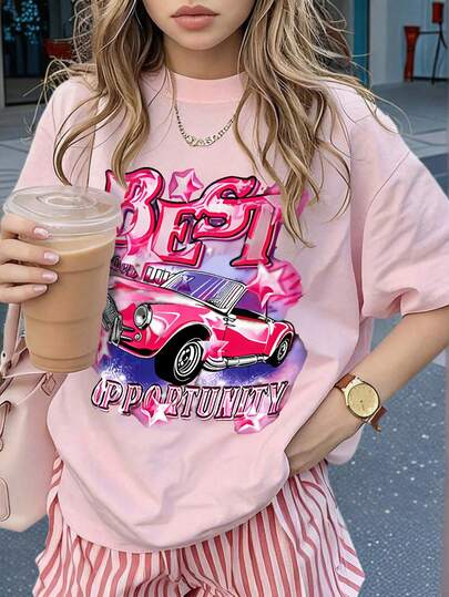 Women's Summer New Car Pattern Letter Print Round Neck Short Sleeve T-Shirt, Casual Loose Versatile Top, Fashionable Daily Wear Pink