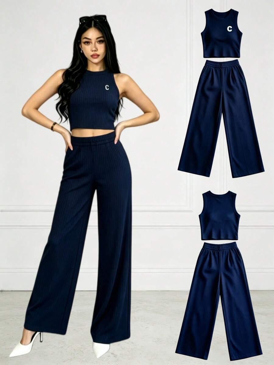 2-Piece Set Of Tank Top And Solid-Color Pants For Casual Holiday Wear - Navy Blue - View 1