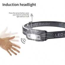 Linterna frontal LED recargable por USB - Portátil, linterna con sensor de movimiento, adecuada para senderismo, camping y trabajos de emergencia - negro - Ver 6