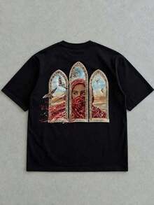 Fractyr Men's Oversized Double-Sided T-Shirt, Gothic Church Window Print, Vintage Middle Eastern Inspired Mystic Portrait Graphic Tee, Soft Touch Short Sleeve Crew Neck Tee For Grunge And Urban Style - 黑色 - 查看 6