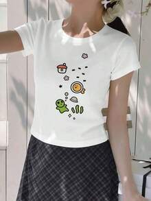 Women's Shirt With Cartoon Print, Quality Fabric, Loose Fit, Breathable, Urban Hip-Hop Style, Graphic Design. Suitable As A Gift. Women's T-Shirt. Blouses > Elegant. Boho Chic. Soft, Breathable, And Comfortable Women's Top, Ideal For Spring, Summer, And Autumn, Perfect For Vacations, Travel, And Everyday Wear. - 白色的 - 查看 2