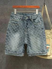 Men's Vintage Washed Loose Crochet Denim Shorts - Medium Wash - View 3