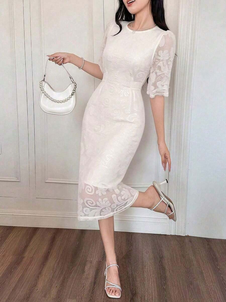 Vestido de encaje bordado de alta gama, vestido de verano para mujer con cuello redondo y abertura lateral hasta la pantorrilla, elegante vestido de cóctel francés para fiestas, ropa de vuelta al colegio - Blanco - Ver 1