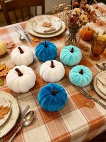 6pcs Artificial Velvet Pumpkin Decor Set, Faux Velvet Foam Pumpkin Decorations, Halloween Decor Realistic Pumpkin Ornaments Set, Soft Velvet Texture Autumn Farmhouse Harvest Mini Pumpkins, No Electricity Required Autumn Hanging Display Accessories, Fireplace Mantel Decor, Harvest Party, Birthday Gift, Autumn Decor, Halloween Decor - Blue Series - View 8
