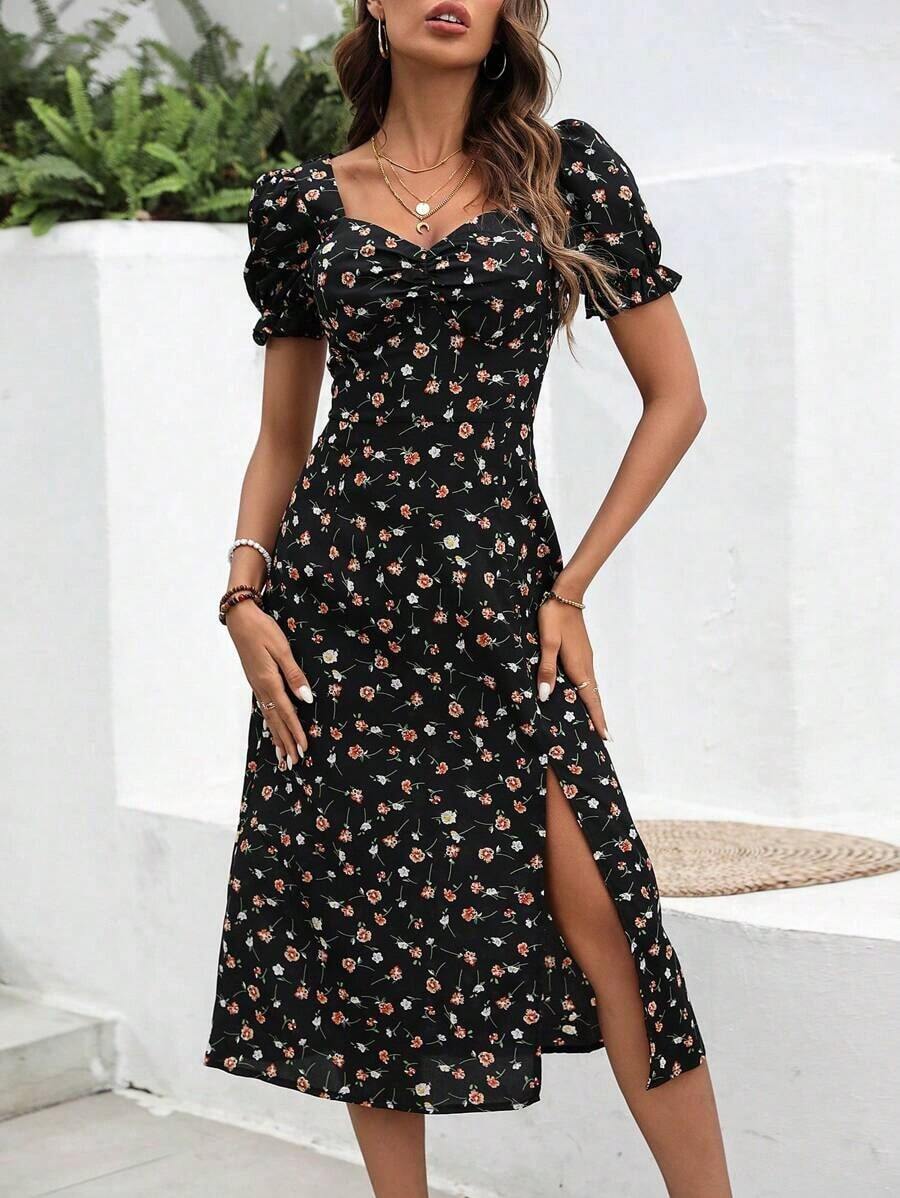 Vestido corto de mujer con estampado, mangas abullonadas y bajo asimétrico, atuendo de playa y vacaciones - Negro - Ver 1
