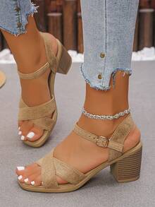 2026 Summer New Open Toe High Heel Sandals, Square Toe Chunky Heel Roman Style Retro Sandals For Women,Platform Heels - Apricot - View 3