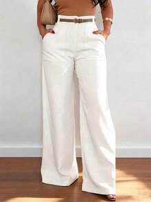 Pantalones casuales de pierna recta y cintura alta de moda para mujer, color blanco, para primavera - Gris - Ver 6