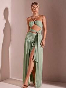 Long, Solid-Color Mesh Beach Dress – High Slit, Ruched Waist And Tie – Sexy And Perfect For Summer Vacation - 黑色 - 查看 4