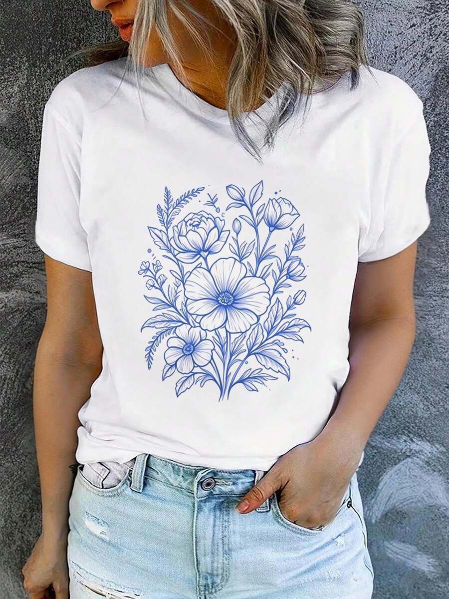 1 Piece Of Women's Summer T-Shirt, Short Sleeve And Printed, Modern And Casual, Machine Washable, Comfortable Fit, 2D Flat Print, 180g, 100% Cotton. - 白色_03 - 查看 1
