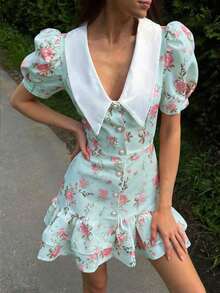 Spring/Summer Casual Style Dress With Collar, Front Buttons, Tie Back And Tie-Dye Print, For Everyday Wear, Western Style, Bohemian, Music Festivals, Vacation, Fairycore Style, Elegant For Women - 薄荷綠 - 查看 1