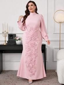 Elegant Pink Plus Size Maxi Dress With Stand Collar And Puff Sleeves Embellished With Floral Applique For Women - Pink - View 7