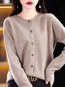 Cárdigan sin Costuras para Mujer| Ultra Suave, Frente Abierto con Detalle de Panal, Color Sólido, Cierre con Botones, Manga Larga, Cuello Redondo, Corte Regular| Elegante Ropa de Trabajo Minimalista para Primavera/Otoño - Beis - Ver 7
