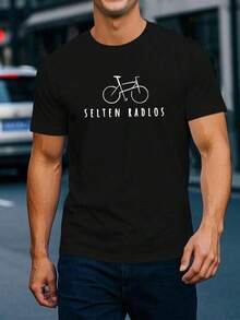 Men's Casual Summer T-Shirt With Bicycle Graphic - Selten Radlos Print, Short Sleeve, Crew Neck, Lightweight And Breathable, Perfect For Outdoor Activities, Comfortable Sportswear Graphic T-Shirt, Cycling Clothing - 黑色 - 查看 1