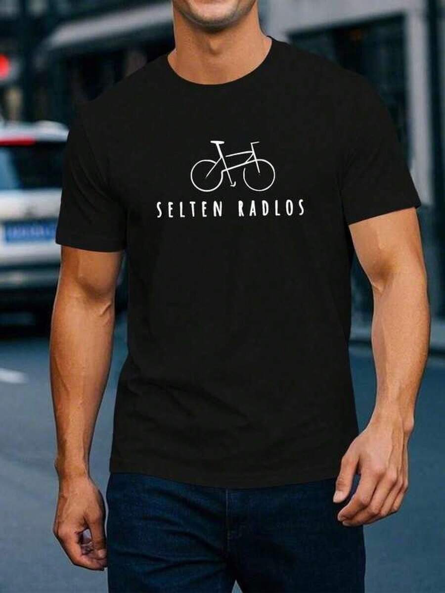 Men's Casual Summer T-Shirt With Bicycle Graphic - Selten Radlos Print, Short Sleeve, Crew Neck, Lightweight And Breathable, Perfect For Outdoor Activities, Comfortable Sportswear Graphic T-Shirt, Cycling Clothing - 黑色 - 查看 1