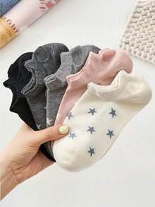 3/5/10 Pairs Women's Cute Star Pattern Solid Color Ankle Socks, Suitable For Daily Wear, All Seasons - Multicolor - View 6