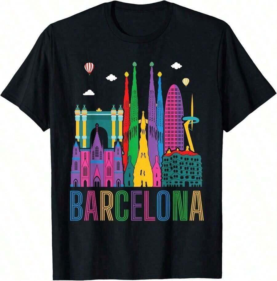 Men's Graphic Tees, Men's Barcelona 2026 Graphic Tees, Colorful Festive Slogan T-Shirt, Summer Clothing Style, Father's Day, Graduation, Independence Day, For Men, Summer Clothing Style, Father's Day, Graduation, Independence Day, For Men - Noir 12 - 查看 1