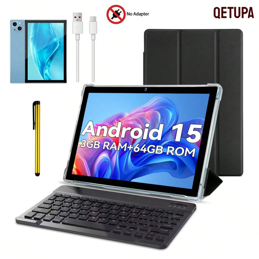 Qetupa 10.1 Inch Android 15 Tablet PC, 3GB RAM + 64GB ROM, MTK 6762 Octa-Core 2.0GHz Processor, HD (1280x800) IPS Touchscreen, 5MP Front Camera And 13MP Rear Camera, 6000mAh Large Battery, Best Gift For Christmas And Birthday, No SIM Card Support (No Adapter) - Blue With Keyboard - View 1