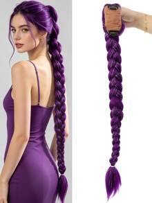 26 Inch Purple Synthetic Fiber Braided Wig, With Convenient BB Clip Ponytail, Suitable For Cosplay, Halloween Costume, World Cup And More - Multicolor - View 9