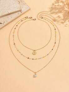 3pcs/Set Fashionable Versatile Colorful Crystal Daisy & Water Drop Pendant Necklace, Gold Tone, Suitable For Daily Wear, Beach, Date, Party, Music Festival. Chain Length Can Be Customized, Crystal Color Is Random - Multicolor - View 2