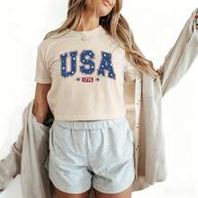 1pc Women's USA 1776 Graphic Crop Top Crew Neck Drop Shoulder Loose Fit Short Sleeve Breathable Summer Casual Tee Daily Outfit - 杏色 - 查看 10