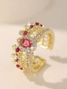 jealous young 1pc Elegant Palace Style Gold‑Plated Crown Open Ring With Hollow Lace Design & High‑Quality Rose‑Red Cubic Zirconia, Showing Women's Dignified Charm Jewelry Suitable For Daily Wear, Gift, Dates, Wedding Banquets, Holiday Galas, Evening Dinners - Crown - View 5