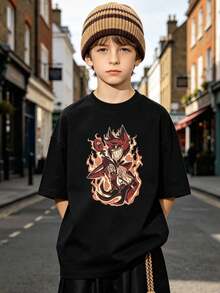 Boys' Soft, Casual Summer Short-Sleeved Crew Neck T-Shirt With Alastor Fire Pattern Print. Suitable For Everyday Wear And Casual Outings. Black - 黑色 - 查看 8