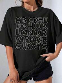 Women's Black And White T-Shirt, Oversized T-Shirt With White Alphabet Print, Casual Urban Fashion Top For Women, Summer Graphic T-Shirt, Casual Printed T-Shirt For Outdoor Parties - 黑色 - 查看 4