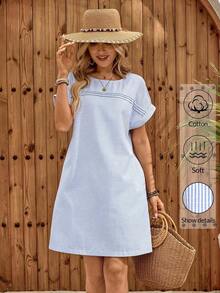 Vestido corto de mujer con cuello redondo y manga corta con estampado de líneas - Azul y blanco - Ver 6