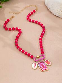 1/3件套樱桃海鲜主题叠戴项链套装 - 橙色、粉色和红色串珠项链，搭配珐琅樱桃和龙虾吊坠，波西米亚风夏季女士个性饰品 - 彩色 - 查看 3