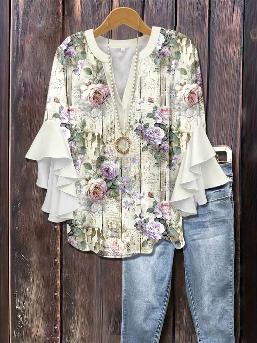 Áo blouse nữ size lớn cổ khía viền bèo họa tiết hoa tay lỡ 3/4 đi du lịch - Nhiều màu - Xem 1