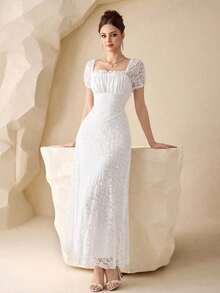 Vestido de princesa blanco de encaje, con mangas de pétalos, cintura ceñida, romántico francés, sexy y elegante - Blanco - Ver 4