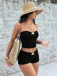 Conjunto de bikini bandeau elegante negro para mujer de Bonvoyette con tirantes desmontables, traje de baño de dos piezas con cintura alta estilizadora 2026 con adorno de concha, top bandeau y shorts tipo boy, ropa de playa minimalista y elegante para vacaciones de verano, resort y fiestas en la piscina - Negro - Ver 1