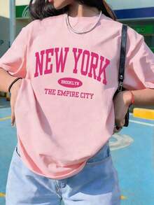 Men's Fashion Explosion Short Sleeves. Women's Casual Loose Summer T-Shirt With Letter Print, Versatile Everyday Casual Fashion. Printed T-Shirt, Vacation - 粉色 - 查看 1