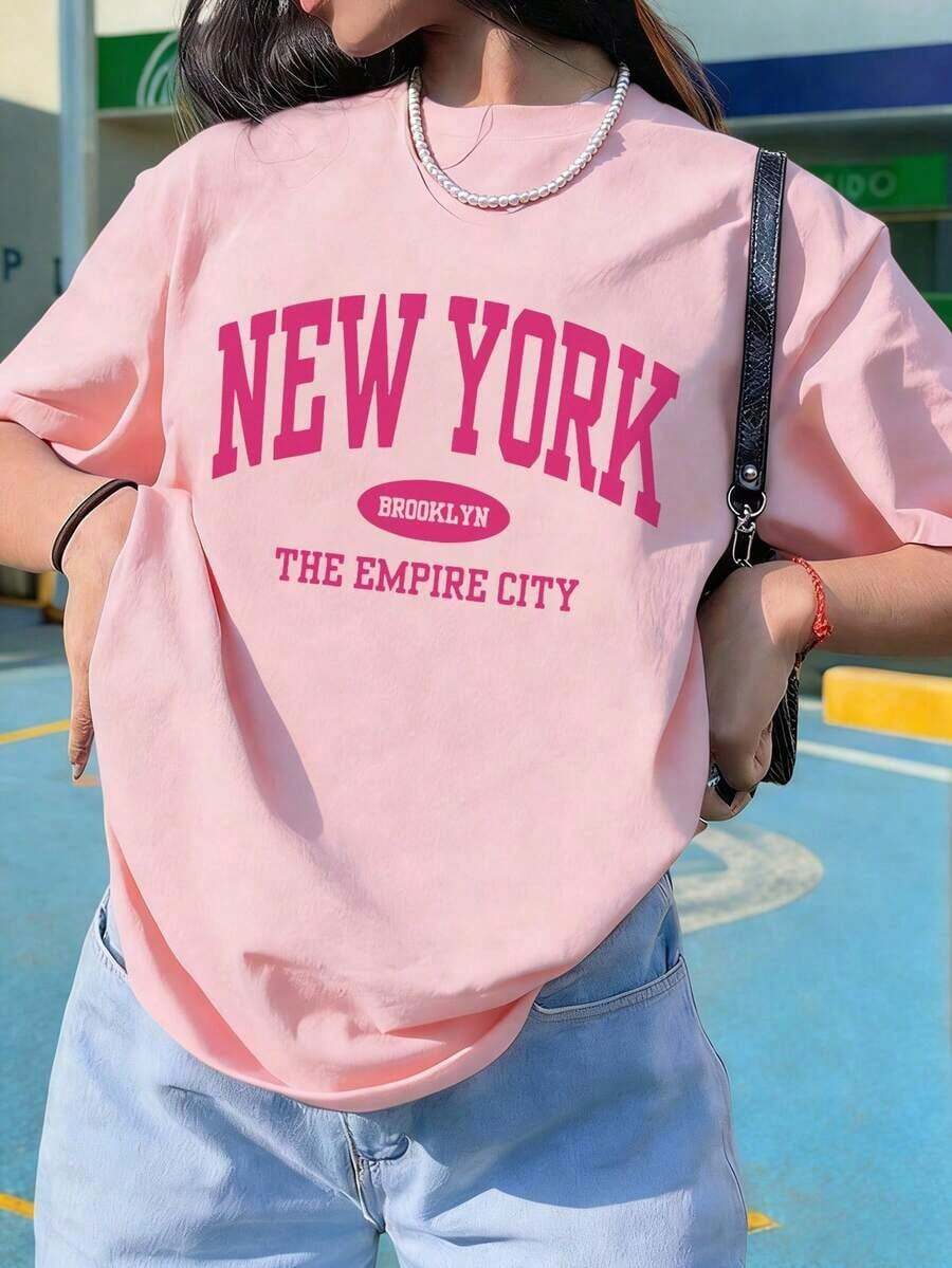 Men's Fashion Explosion Short Sleeves. Women's Casual Loose Summer T-Shirt With Letter Print, Versatile Everyday Casual Fashion. Printed T-Shirt, Vacation - 粉色 - 查看 1