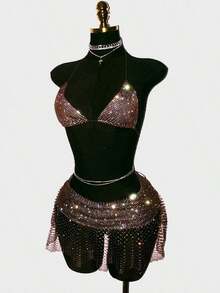 Minifalda sexy para mujer, con incrustaciones de red de pescar y brillantes, adecuada para ocasiones de fiesta - Café integral - Ver 4