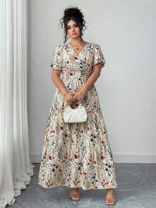 Vestido maxi de manga de campana con cuello en V, estampado floral diminuto y efecto estilizador de la cintura, para mujer de talla grande.Elegante y casual, apropiado para la primavera y el verano, ideal para looks de playa, vacaciones de primavera, té y Pascua. - Multicolor - Ver 4