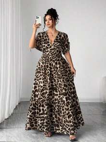 Vestido maxi elegante de talla grande para mujer con cuello en V, estampado de leopardo, manga corta fruncida y falda acampanada - Marrón - Ver 3